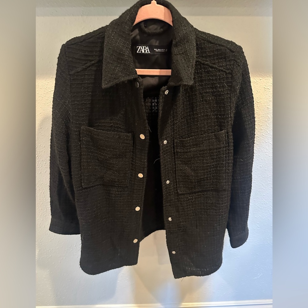 Zara Black Textured Shirt Jacket